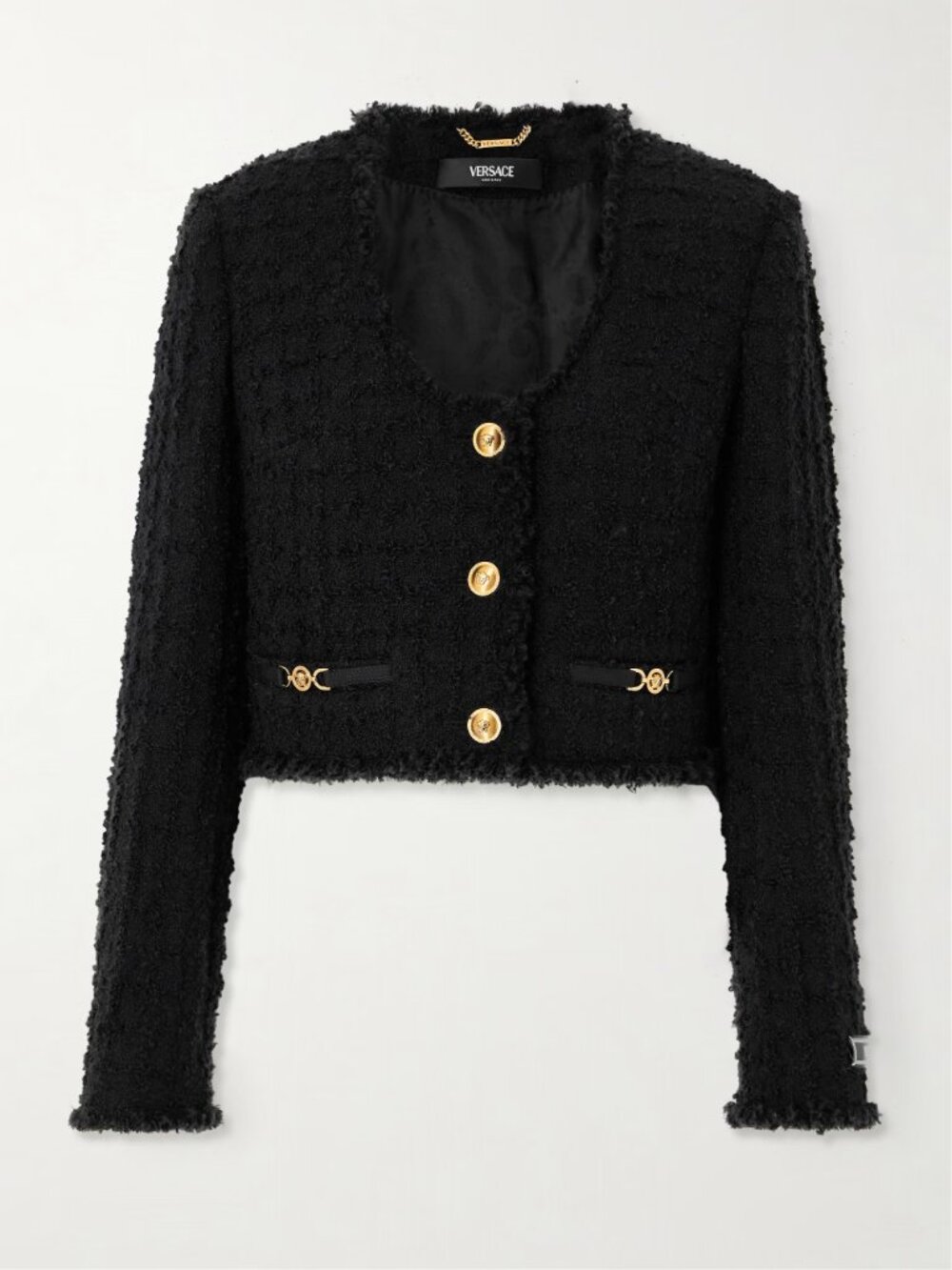 Versace Cropped Wool-Blend Tweed Jacket, Black, Size IT 40, US 4
